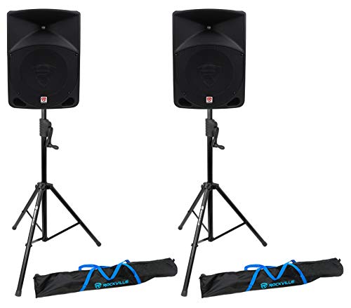 Rockville RPG10 10" Powered 600W DJ PA Speaker Pair with RVCS2 Crank Stands | 600W Peak / 150W RMS Each, 2-Way, XLR/1/4"/RCA Inputs, XLR Output, Titanium Driver, Bass/Treble EQ, 2 Carry Bags, 4-Items