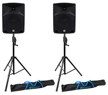 Rockville RPG10 10" Powered 600W DJ PA Speaker Pair with RVCS2 Crank Stands | 600W Peak / 150W RMS Each, 2-Way, XLR/1/4"/RCA Inputs, XLR Output, Titanium Driver, Bass/Treble EQ, 2 Carry Bags, 4-Items
