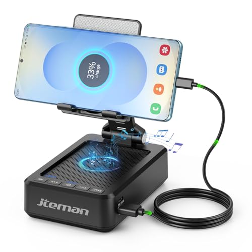 JTEMAN Cell Phone Stand with Bluetooth Speaker and Charging Function | HD Sound, Adjustable Phone Holder, Rechargeable Audio Speaker Stand for iPhone/Android, Cool Tech Gadgets Gifts for Men Women - color: Black