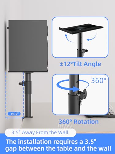 suptek Clamp-on Speaker Stand Desk Mount Set, Height Adjustment, ±12° Tilt, Swivel, 9.6 x 8.8 inch Trays, Universal Audio Holders for Bookshelf Speakers, Elevated Sound, 2 Pack, Black, SDM001GTB - size: Tilt Speaker Stands