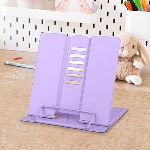Honagu Small Book Stand Book Holder Metal Desk Book Stand for Reading Hands Free, Adjustable Cookbook Documents Holder, Portable Bookstand for Music Books, Textbook, Recipe, Tablet, Ipad (Purple) - color: Purple