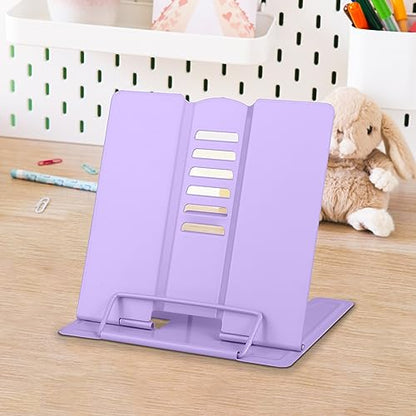 Honagu Small Book Stand Book Holder Metal Desk Book Stand for Reading Hands Free, Adjustable Cookbook Documents Holder, Portable Bookstand for Music Books, Textbook, Recipe, Tablet, Ipad (Purple) - color: Purple