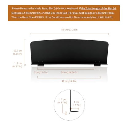 Universal Music Book Stand - Sheet Music Stand Fits 61-Key 88-Key Digital Piano Keyboards With a Slot ≥48cm/18.9in Length, Max Inner Gap (If dual-slot) ≤38cm/14.96in | Not for Round Jacks - color: Matte black