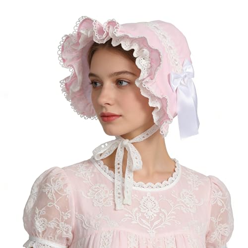 BPURB Victorian Lace Bonnet Colonial Pioneer Hat for Halloween Costume - color: Pink