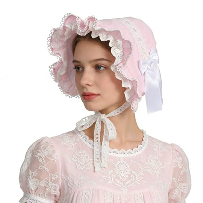 BPURB Victorian Lace Bonnet Colonial Pioneer Hat for Halloween Costume - color: Pink