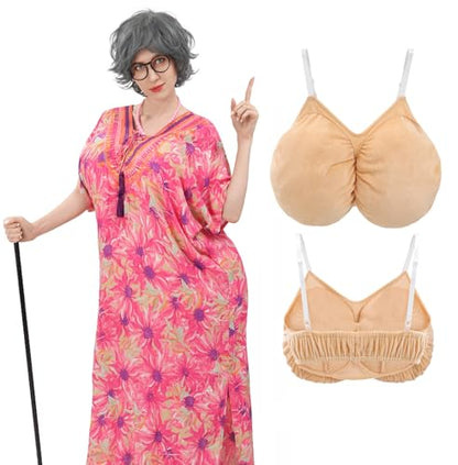 KUOIN Women Fake Chest Granny Costume, Old Lady Grandma Fat Suit Accessories with Adjustable Straps - size: Medium
