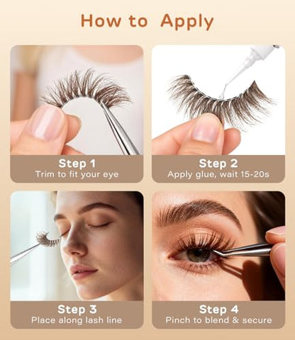 DYSILK Brown Fluffy Eyelashes, 9-16mm 3D Densely Volume Lashes Brown-01 | 5 Pairs Sun-Kissed Cat Eye Lashes, Soft Glam Faux Mink Lashes, Trimmable, Ultra-Fine Clear Band, for Blondes & Light Hair - color: Brown-01