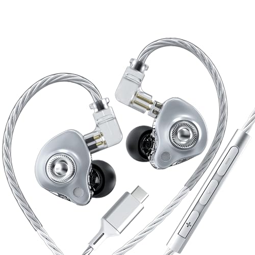 in Ear Monitor Headphones with Mic,USB C,Silver,10mm Driver | 10mm Dynamic Driver,Detachable 4N OFC Cable,HiFi IEM Earphones for Gaming and Gift Giving - color: Silver