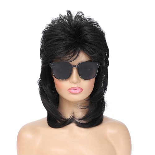Airhostess Mullet Wig for Women 80s Costumes Fancy Party Accessory Cosplay Mullet Wigs (Black) - color: 2057-Black