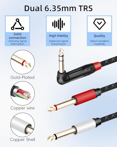 Guitar Cable Right Angle 1/4 inch TRS Stereo to Dual 1/4 inch TS Mono Insert Cable,Stereo Y Splitter Cable,90 Degree 6.35mm Male to Dual 6.35mm Male Audio Cord (1.64FT/0.5M) - style: 90 6.35 TRS to Dual 6.35 TS(1.64FT/0.5M)