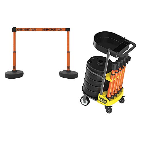 PL4017T Plus 75 ft Belt Barrier w/Cart Package & Tray | Mobile System, 5 Telescoping Stanchions, 15 ft Orange "Danger - Forklift Traffic" Retractable Banners, Accessory Tray - style: Orange: Danger - Forklift Traffic