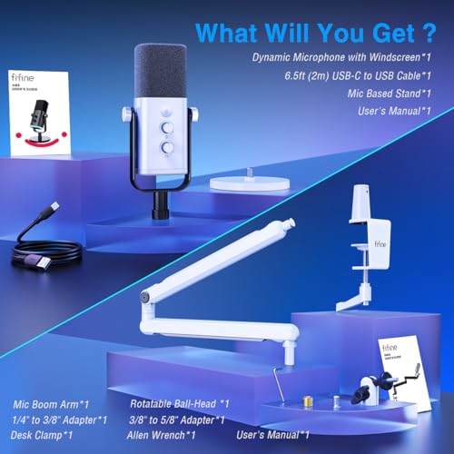 FIFINE Gaming XLR/USB Microphone and Mic Stand Bundle,RGB Dynamic Mic with Mute Button,Volume Control, Low Profile Boom Arm Kit with Cable Management for Recording Video Creation (AM8W+BM88W)