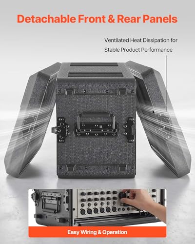 VEVOR 6U Rack Case, 12 in Depth, Rackmount Flight Case Shallow Rack with Microphone Compartment, Polyethylene Construction, Recessed Latches, Easy Installation, for Amplifier, 8.7 in Internal Depth - size: 6U- 8.7 in Internal Depth