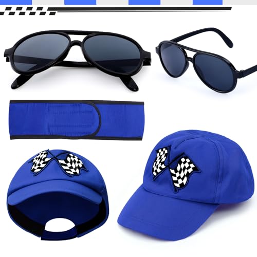 Latocos Kids Race Car Driver Costume Boys Girls Racer Jumpsuit With Car Cap Sunglasses Kids Dress Up Role Play for Halloween - color: Blue, size: S(5-7)