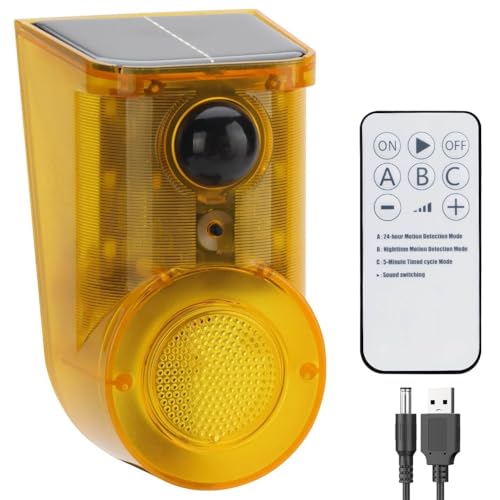 Solar Motion Sensor Alarm Outdoor - Dog Barking Alarm with Remote Controller and Volume Adjustment, 14 Sounds Loud Noise Maker Detector, 4 Modes Activated Strobe Light for Yard Farm Villa (1 Pack )