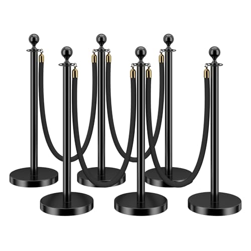 LOVMOR 6PCS Stanchion Post, Crowd Control Barriers, 5 ft Black Velvet Rope Red Carpet Ropes and Poles, Stainless Steel Gold Stanchions Used for Theaters, Parties, Wedding, Exhibition - color: Black-6pack
