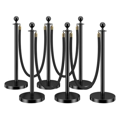 LOVMOR 6PCS Stanchion Post, Crowd Control Barriers, 5 ft Black Velvet Rope Red Carpet Ropes and Poles, Stainless Steel Gold Stanchions Used for Theaters, Parties, Wedding, Exhibition - color: Black-6pack