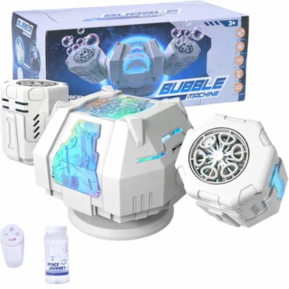 Upgraded Mecha Style Bubble Machine, Rechargeable Type-C Powered Bubble Blower with Remote Control, 360° Automatic Rotation & RGB Lights, 35k+ Bubbles/Min, Bubbles for Kids, Parties, Weddings, Outdoor