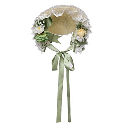 COSDREAMER Girls Women Victorian Bonnets Lace Flowers Tea Party Hats - color: Light Green