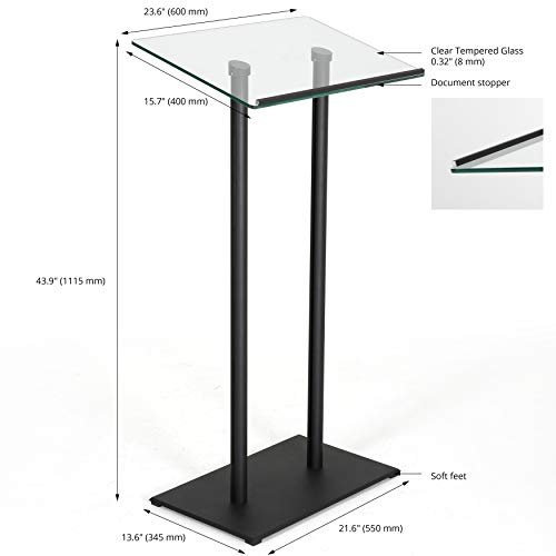 M&T Displays Tempered Clear Glass Conference Podium Stand Black Aluminum Body and Base 43.9 Inch Height Floor Standing Lectern Pulpit Desk for Classroom Church - color: Black