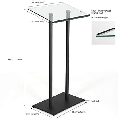 M&T Displays Tempered Clear Glass Conference Podium Stand Black Aluminum Body and Base 43.9 Inch Height Floor Standing Lectern Pulpit Desk for Classroom Church - color: Black