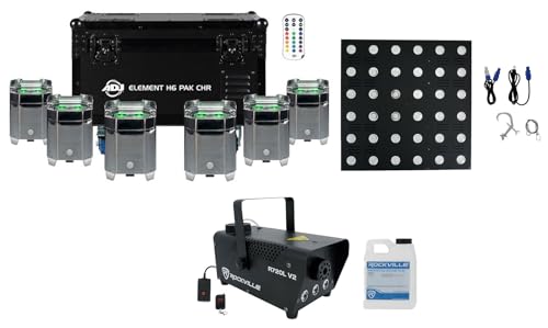 Audiosavings Bundle: Element H6 Pak RGBAW+UV LED Outdoor Wireless DMX Battery Lights w/Case Bundle with STAGE MATRIX 36 RGB 6x6 Tri-Color Matrix Blinder Light +Fog Machine w/Remote+Fluid+LED (3 Items)