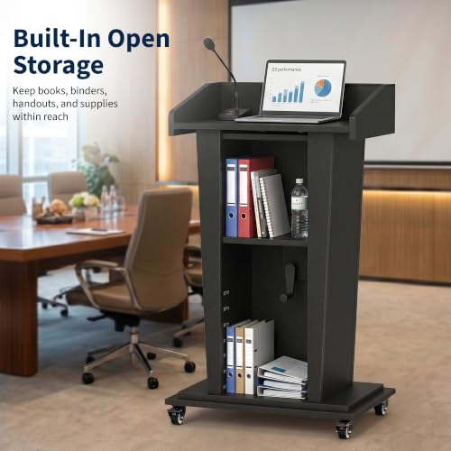 MOOFI Height Adjustable Wooden Podium Lectern with Wheels, Mobile Rolling Presentation Stand with Storage Shelves, Teacher Podium for Classroom, Church, Office and Conference Room (Black) - color: Black