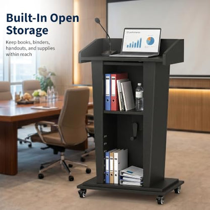 MOOFI Height Adjustable Wooden Podium Lectern with Wheels, Mobile Rolling Presentation Stand with Storage Shelves, Teacher Podium for Classroom, Church, Office and Conference Room (Black) - color: Black