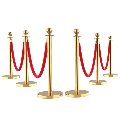 Crowd Control Stanchions Velvet Ropes Queue Line Barrier Posts 6 Pack | Gold Ball Top, 5ft Red Velvet Cords, Stainless Steel Pole, Weighted Base, Ideal for VIP Events Hotels Red Carpet Entry