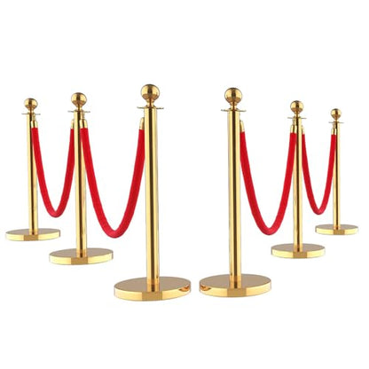 Crowd Control Stanchions Velvet Ropes Queue Line Barrier Posts 6 Pack | Gold Ball Top, 5ft Red Velvet Cords, Stainless Steel Pole, Weighted Base, Ideal for VIP Events Hotels Red Carpet Entry