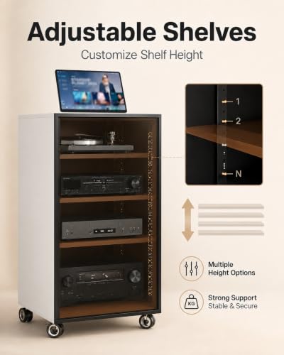 4-Tier White Media Cabinet with Glass Door & Adjustable Shelves | 198 lb Capacity, Clear Tempered Glass with Metal Frame, Ventilated Design, Cable Management, and Locking Caster Wheels - color: White, size: 4-tier