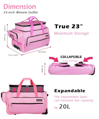 Dance Bag with Garment Rack,23inch Dance Competition Garment Bags with Clothes Rack,Suitcase,Rolling Duffle for Travel, Wheeled Drop-Bottom Upright Luggage Closet Suitcase(Expand-Pink - color: 23inch Expand-Pink