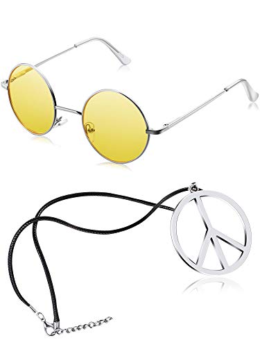 Tatuo 2 Pcs Hippie Accessory Set Hippy Glass Peace Necklace - color: Yellow