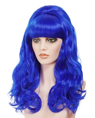 Rugelyss Long Wavy Blue Wig with Bang Big Bouffant Beehive Wigs for Women fits 80s Costume or Halloween Party - color: Blue