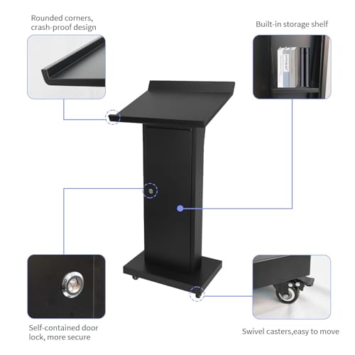 Podium Stand with 4 Locking Wheels, Lecterns & Podiums for Church School Office Conference Home, Heavy Duty Metal, Large Storage Area, Slant Desktop, 50.4" H - color: Executive Angled Metal - Black