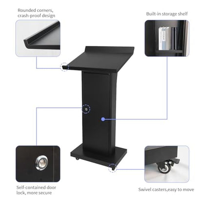 Podium Stand with 4 Locking Wheels, Lecterns & Podiums for Church School Office Conference Home, Heavy Duty Metal, Large Storage Area, Slant Desktop, 50.4" H - color: Executive Angled Metal - Black