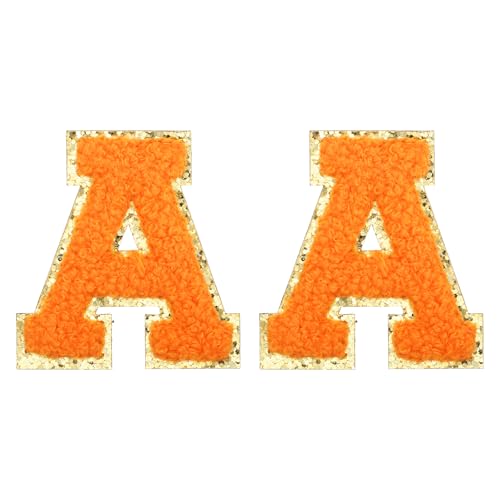 MECCANIXITY Chenille Letter Patches 2.2" Self Adhesive Letter A Stick on Embroidered Patch Sew on Letter Stickers Applique for Repairing Clothing Jeans Shoes Hats DIY(Orange, Pack of 2) - style: Letter-A