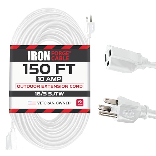 Iron Forge Cable 16 Gauge Heavy Duty White Extension Cord, 150 Ft - SJTW | 16/3 SJTW Cable, 3 Prong Grounded Plug, 13 Amp - For Landscaping, Leaf Blowers, Lights, Appliances - size: 150 Foot