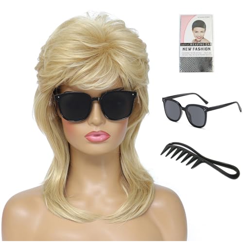 Mullet Wig, Retro Rocker Style Wig, 80s & 90s Costume Glam Party Accessory, Ideal for Halloween and Cosplay(Light Blonde) - color: w57-Light Blonde