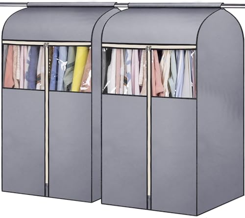 SLEEPING LAMB 35" Garment Bags for Hanging Clothes Storage, Sealed Completely Clothing Rack with Cover with Zipper Clear PVC Window Coat Cover for Closet, Sweaters, Suits protector, 2 Packs, Grey - size: 35 inches