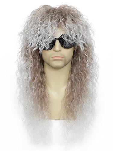 Rock Wig for 80s Costume Men and Women Curly Wavy Rocker Wig with Bangs Hippie Party Funny Wig for Halloween Themed Party Retro Concerts Costume Parties (Brown Gradient White) - color: 3-Brown Gradient White