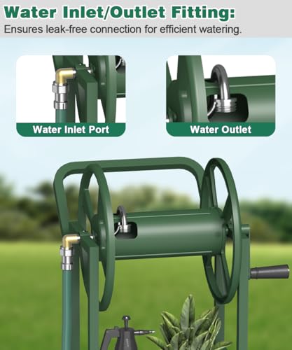 Hose Reel Cart with 2 Wheels, Garden Water Hose Holder Heavy Duty Powder Coated Steel Outdoor Winder Storage Holds 125 ft 5/8" Hoses with Basket and 3.9ft Leader Hose for Backyard, Green - color: Green