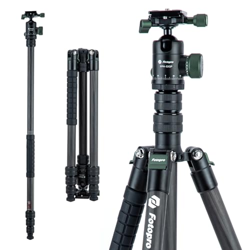 Fotopro 73" Carbon Fiber Tripod for Camera Compact Travel Tripod with Ball Head Detachable Monopod with Quick Release Plate and Camera Bag Load up to 22lbs/10KG X-Go Plus E2 Green - color: 73'' Green