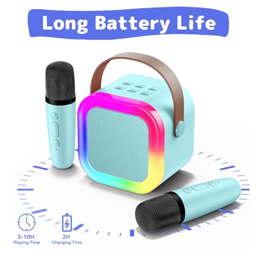 Karaoke Machine for Kids Adults, Mini Karaoke Machine with 2 Wireless Microphones, Portable Bluetooth Speaker with Voice Changing Effects & LED Lights, Best Gifts Toys for Girls and Boys - color: BLue