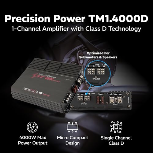 Precision Power Trax Micro Monoblock Class D Car Stereo Amplifier TM1.4000D – 4000W Single Channel Digital Subwoofer Amp with Wired Bass Control & High-Level Inputs for Powerful Audio - size: TM1.4000D