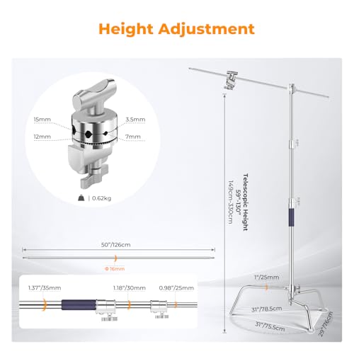 K&F CONCEPT Heavy Duty C Stand, 10.8ft, with Holding Arm, Stainless Steel | 2*Grip Head Stainless Steel Photography Light Stand C-Stand Sturdy for Studio Monolight, Softbox, Reflector, TL05