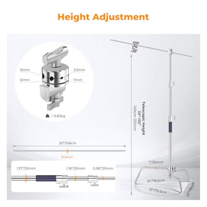K&F CONCEPT Heavy Duty C Stand, 10.8ft, with Holding Arm, Stainless Steel | 2*Grip Head Stainless Steel Photography Light Stand C-Stand Sturdy for Studio Monolight, Softbox, Reflector, TL05
