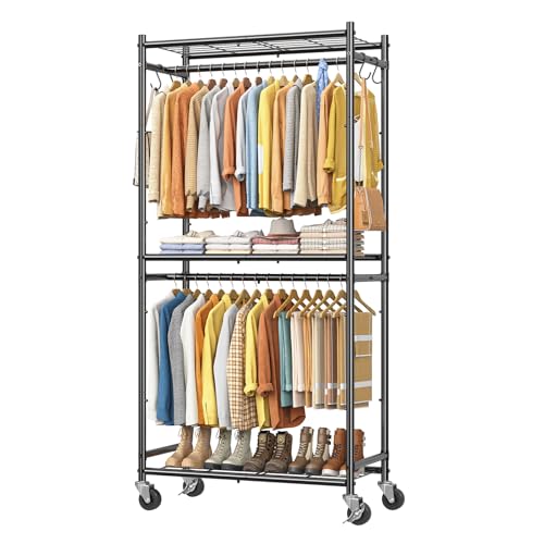 Simple Trending Clothes Rack, Clothing Rack, Portable Closet, Black | Wardrobe Closet with Mesh Shelves & Hooks, Metal Garment Rack, 360° Lockable Wheels, Multi-Functional, for Bedroom, Laundry - size: 12.1"D x 33.1"W x 78"H
