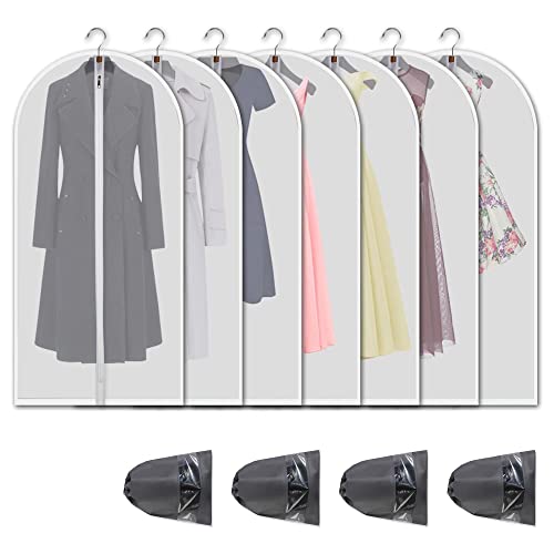 Garment Bags 7 Pack, 24x60 Inch Clothes Covers with 4 Shoe Bags | Translucent Dust Proof PEVA, Full-Length Zipper, 4 Travel Shoe Bags in 3 Sizes, for Gowns, Dresses and Travel - size: 24" x 60" 7 Piece Set + Shoe Bags