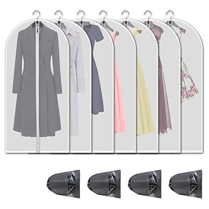 Garment Bags 7 Pack, 24x60 Inch Clothes Covers with 4 Shoe Bags | Translucent Dust Proof PEVA, Full-Length Zipper, 4 Travel Shoe Bags in 3 Sizes, for Gowns, Dresses and Travel - size: 24" x 60" 7 Piece Set + Shoe Bags